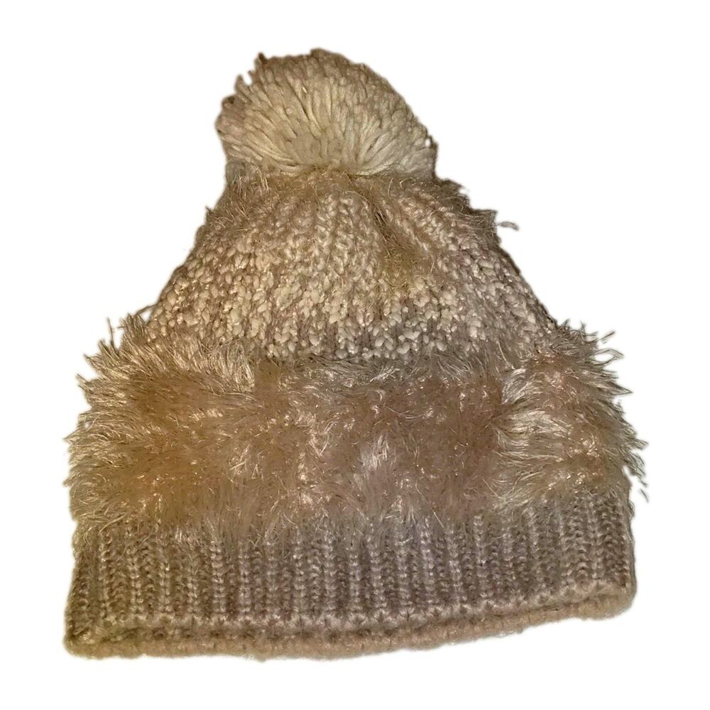 Women's Beige Knit Beanie Hat Faux Fur Band Pom-Pom Solid One Size